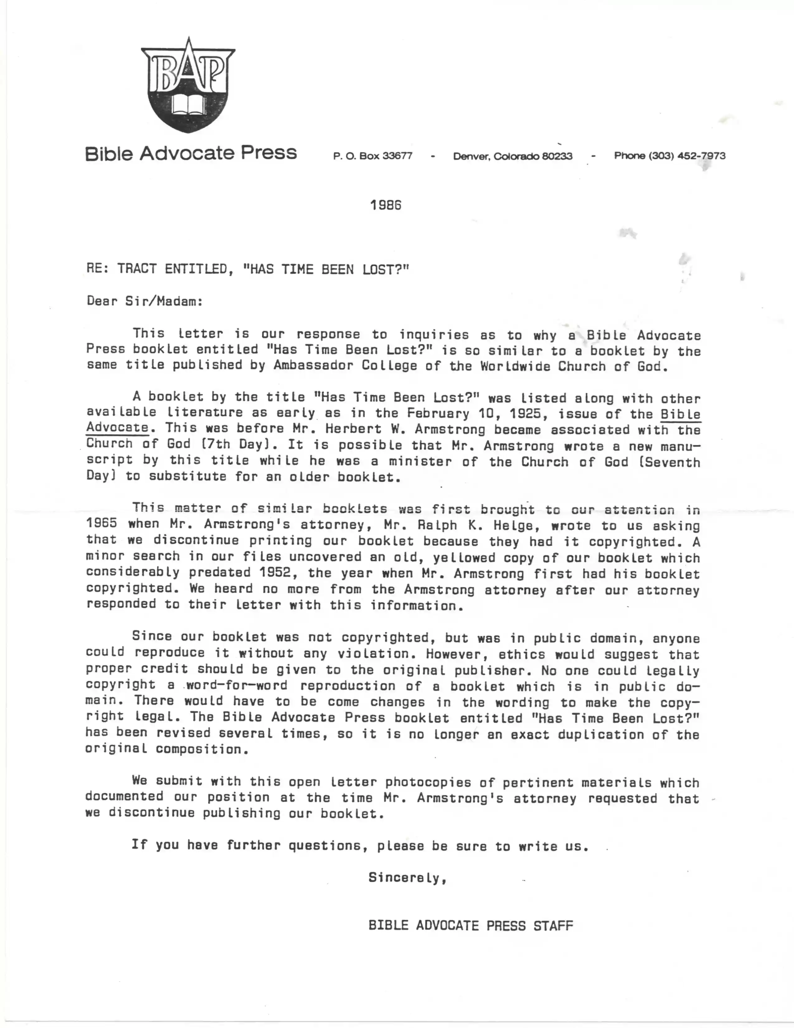 Has Time Been Lost form letter